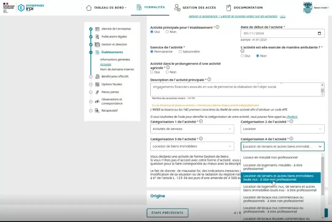 catégorisation immatriculation sci portail inpi