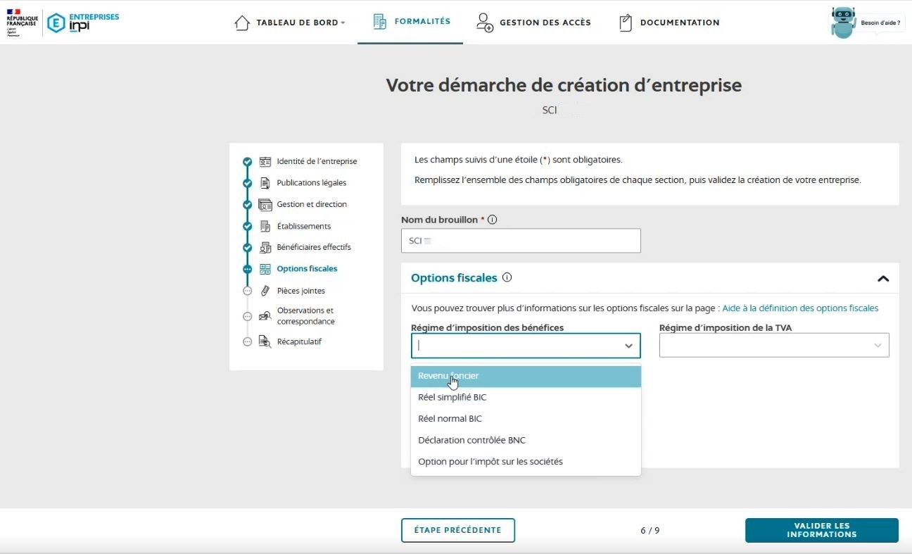 fiscalité immatriculation sci portail inpi