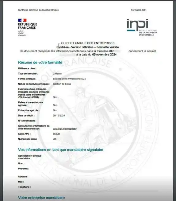 résumé de l'immatriculation sci sur le portail inpi