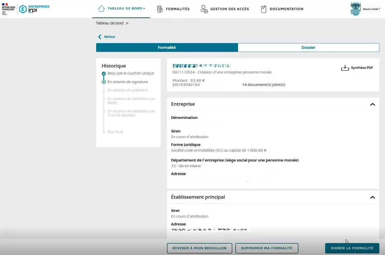 signature immatriculation sci portail inpi