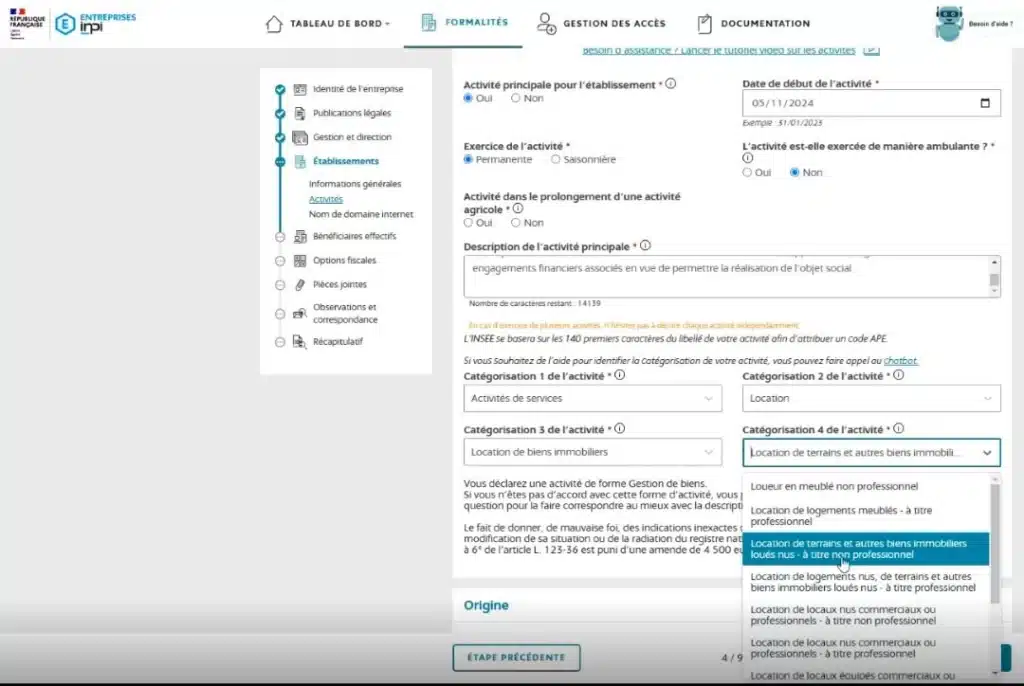 categorisation activité sci inpi