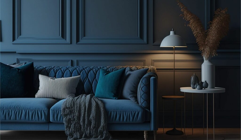 Salon luxe moulure bleu foncé