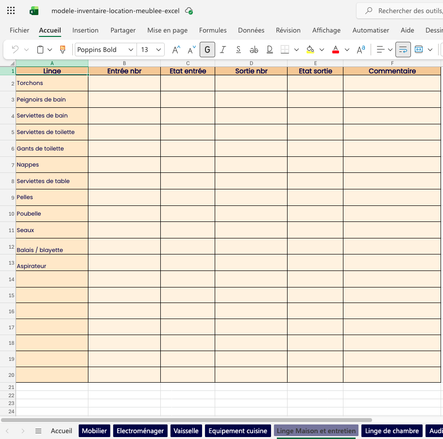 Modèle d'inventaire pour location meublée Excel
